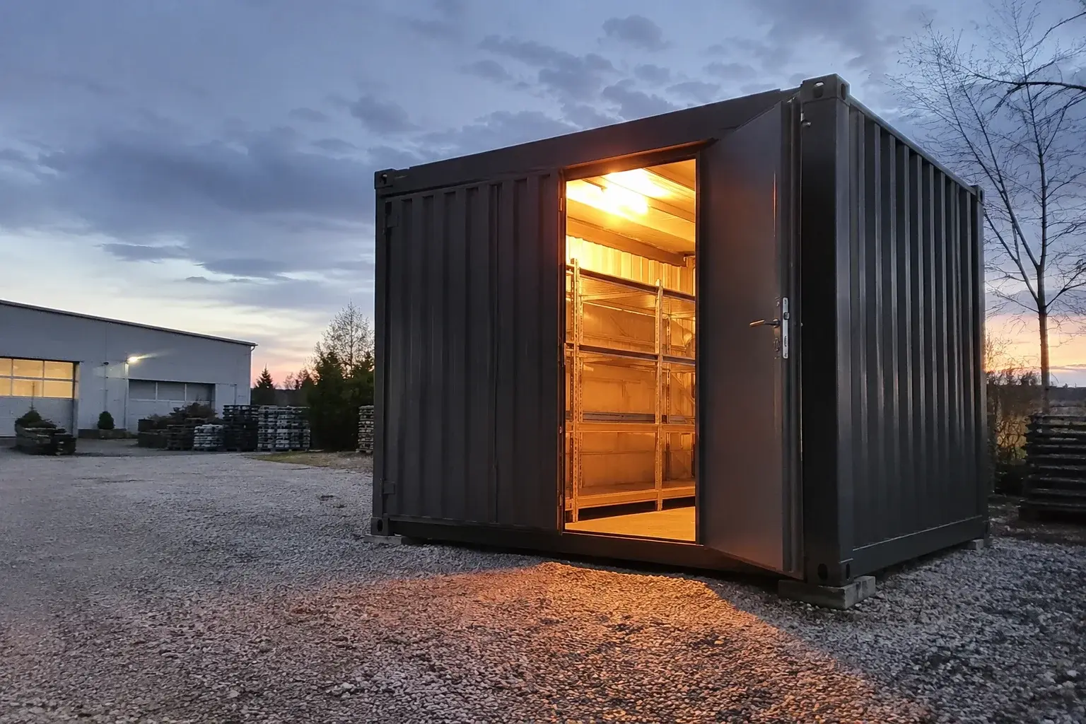 Lagercontainer bei Dämmerung mit Licht aus der geöffneten Tür