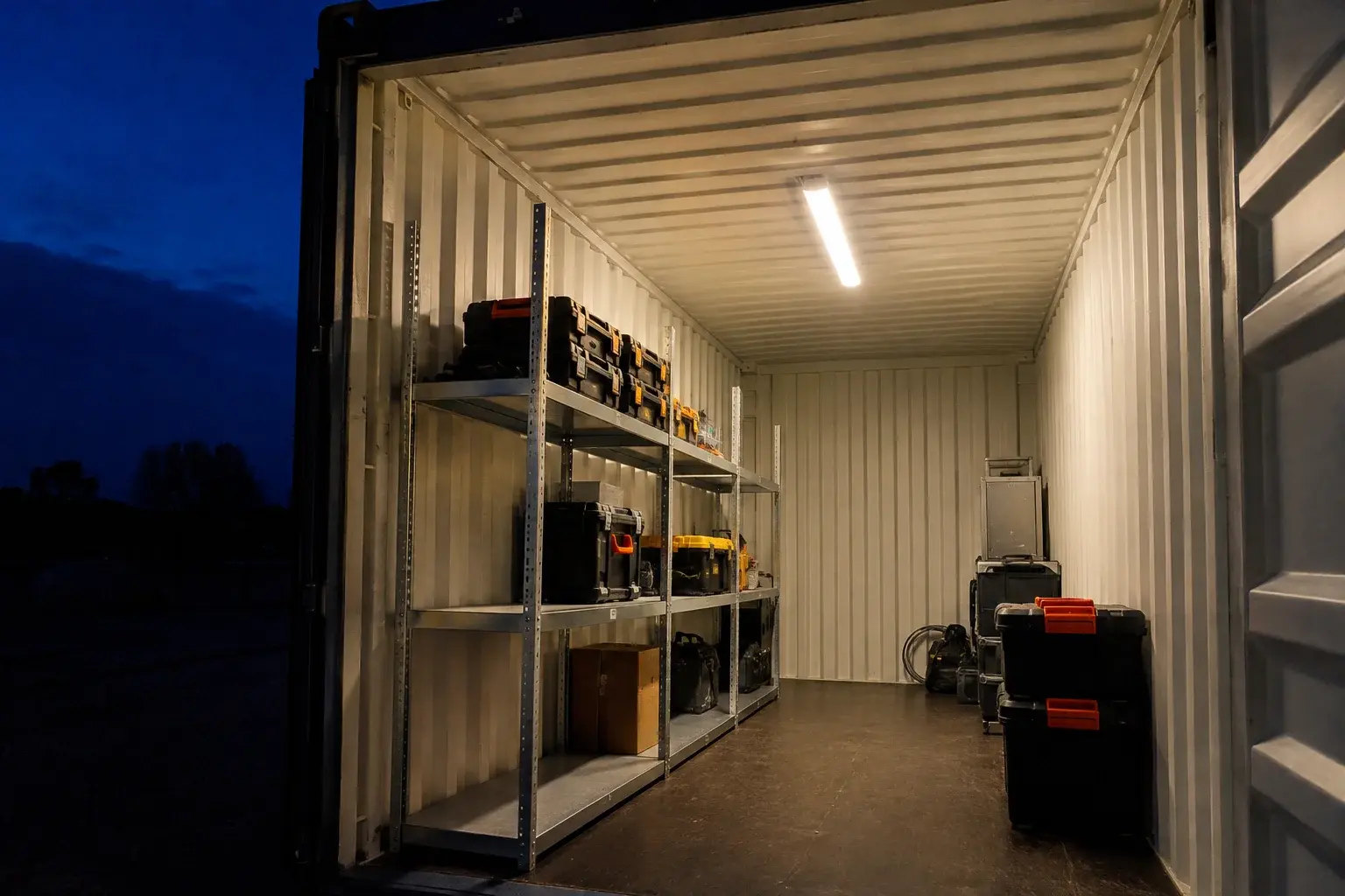 Beleuchteter Innenraum eines Lagercontainers am Abend